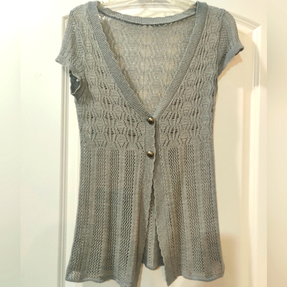 Debut Grey Knit Two Button Cardigan with Cap Sleeve, Size M
